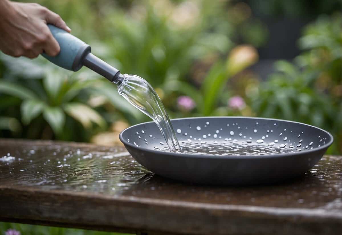 Metal garden art being cleaned with gentle soap and water, avoiding harsh chemicals