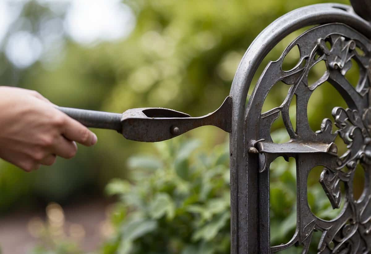 Metal garden art being wiped clean with a soft cloth, then sprayed with a protective coating to prevent rust