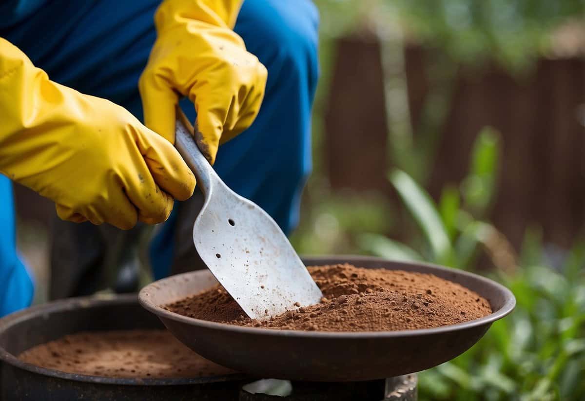 Metal garden art being cleaned with a soft cloth and mild soap. Rust spots being sanded and treated with rust inhibitor. Protective sealant being applied to prevent future corrosion