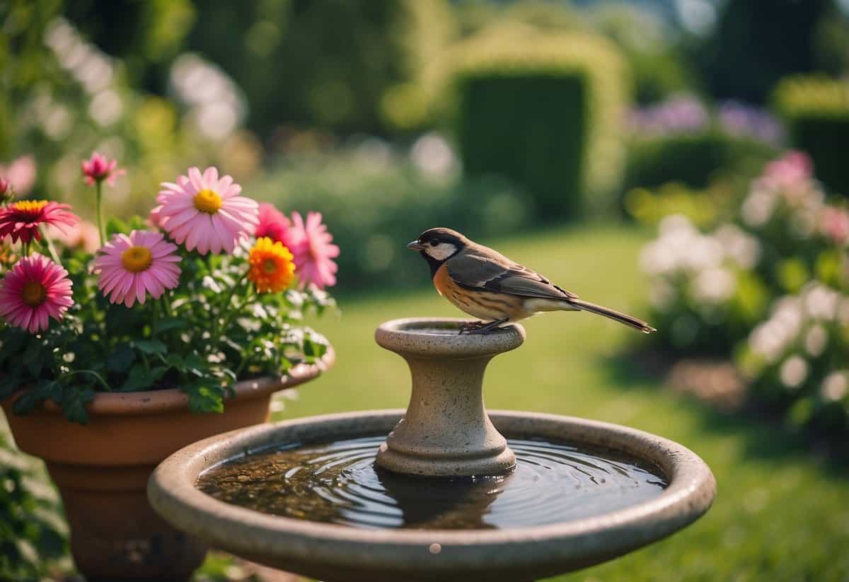 A serene garden with strategically placed bird baths, surrounded by lush greenery and flowers, creating a peaceful and inviting atmosphere for birds to drink and bathe