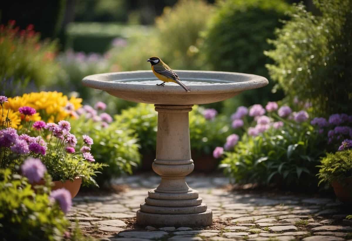 A bird bath placed on a low pedestal in a garden, surrounded by colorful flowers and with a small stone path leading up to it