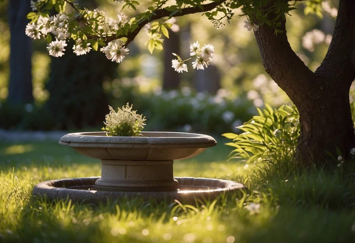 A bird bath nestled under a leafy tree, surrounded by blooming flowers and tall grass. Sunlight filters through the branches, creating dappled shade