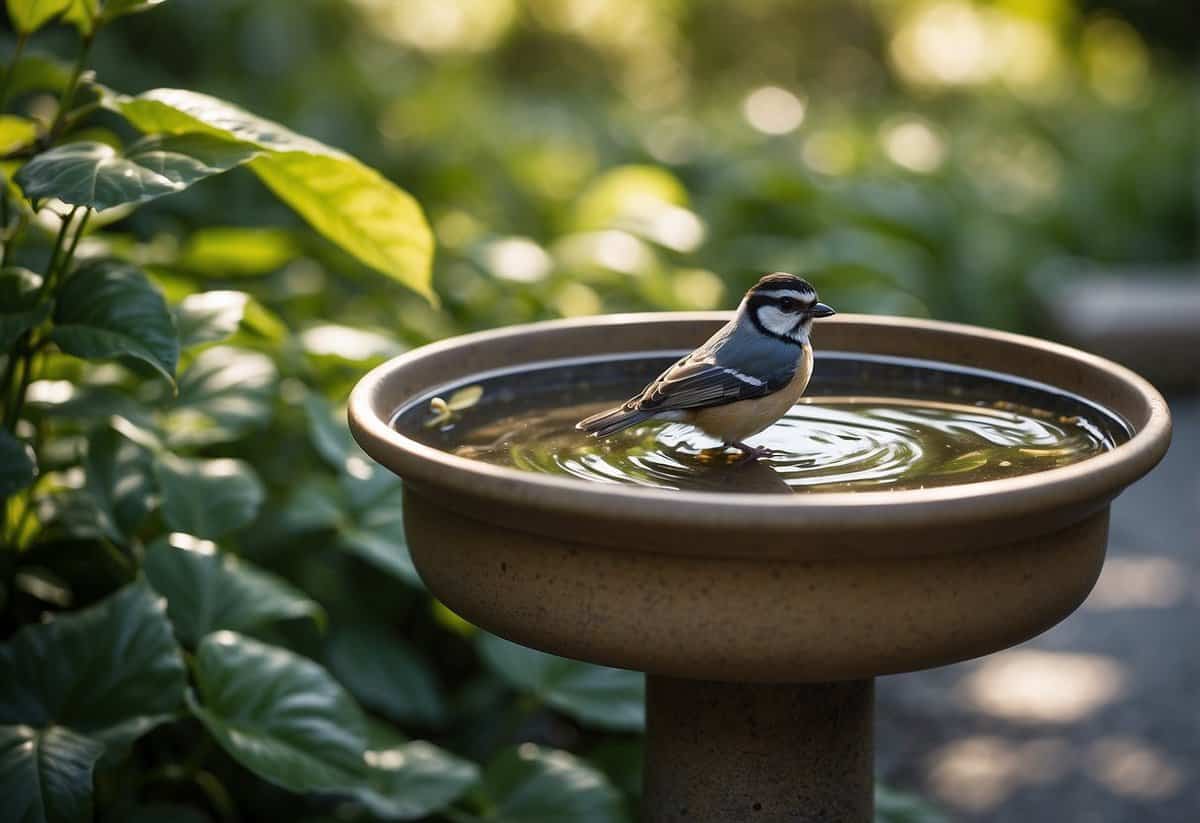 Bird baths placed near feeders, surrounded by lush greenery. Clear, shallow water with smooth edges. Perching spots nearby. Sunlight filtering through leaves