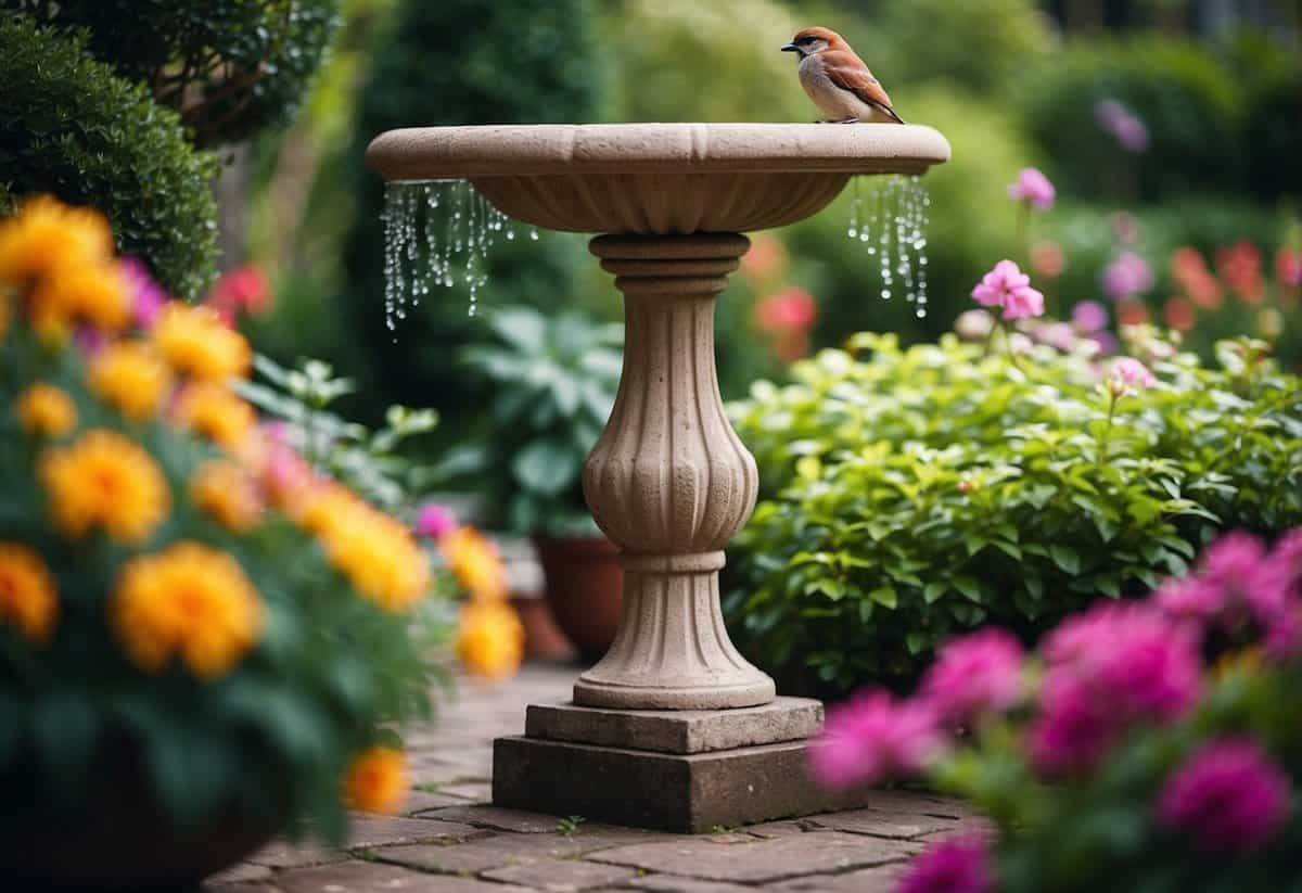 A bird bath stands on a decorative pedestal in a lush garden, surrounded by vibrant flowers and foliage