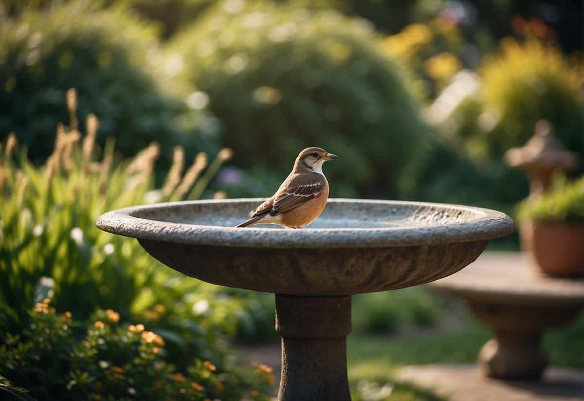 A sturdy bird bath sits in a lush garden, positioned for stability and easy access for birds