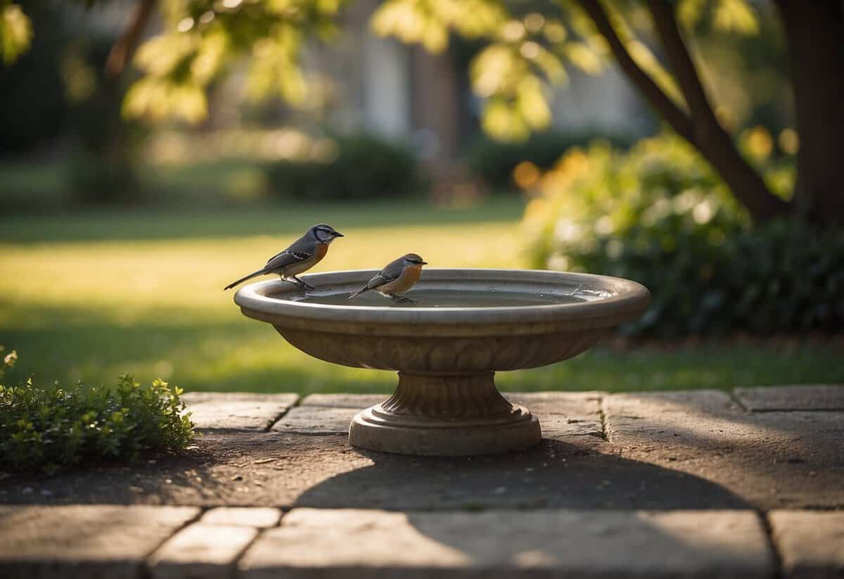 A bird bath is placed on level ground with no obstacles nearby. It is positioned in a spot that receives both sun and shade, and is easily accessible for birds to land and drink