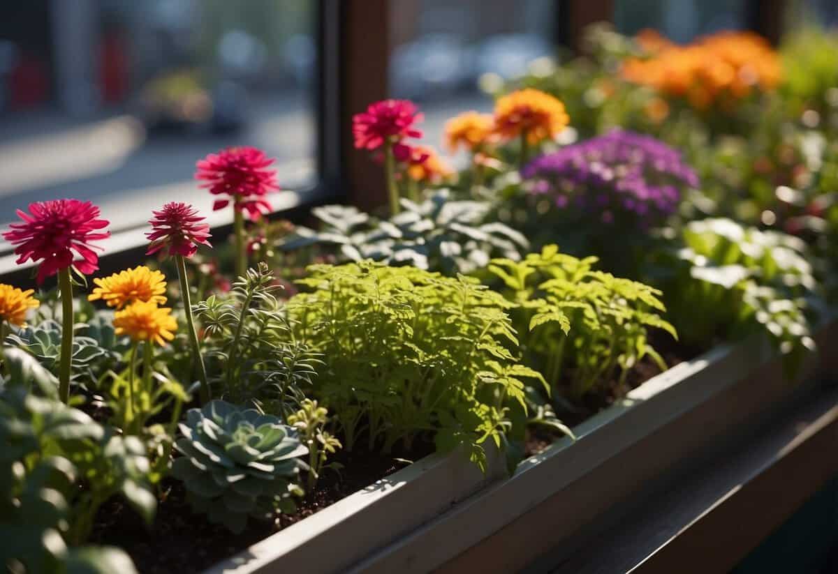 Lush window box garden with rotating plants, vibrant colors, and various heights. Tips for seasonal rotation displayed nearby