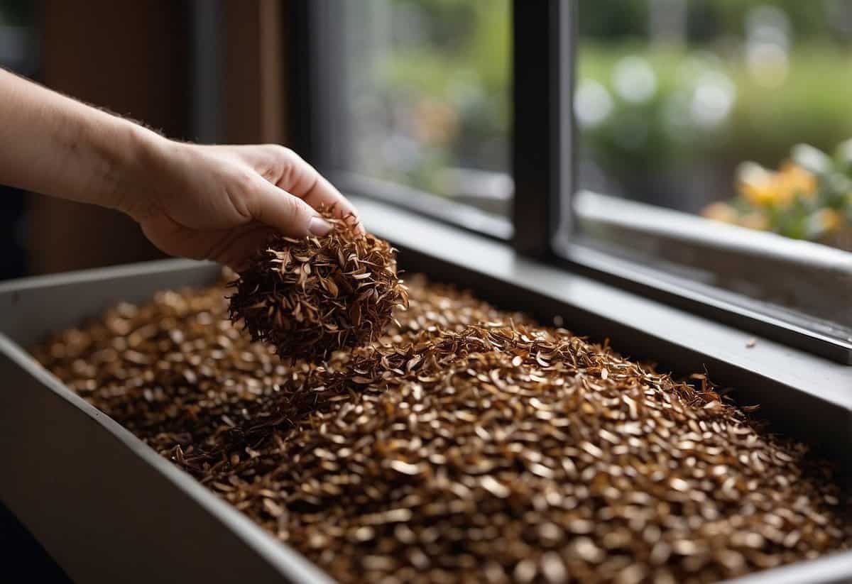 A hand sprinkles mulch into a window box, retaining moisture