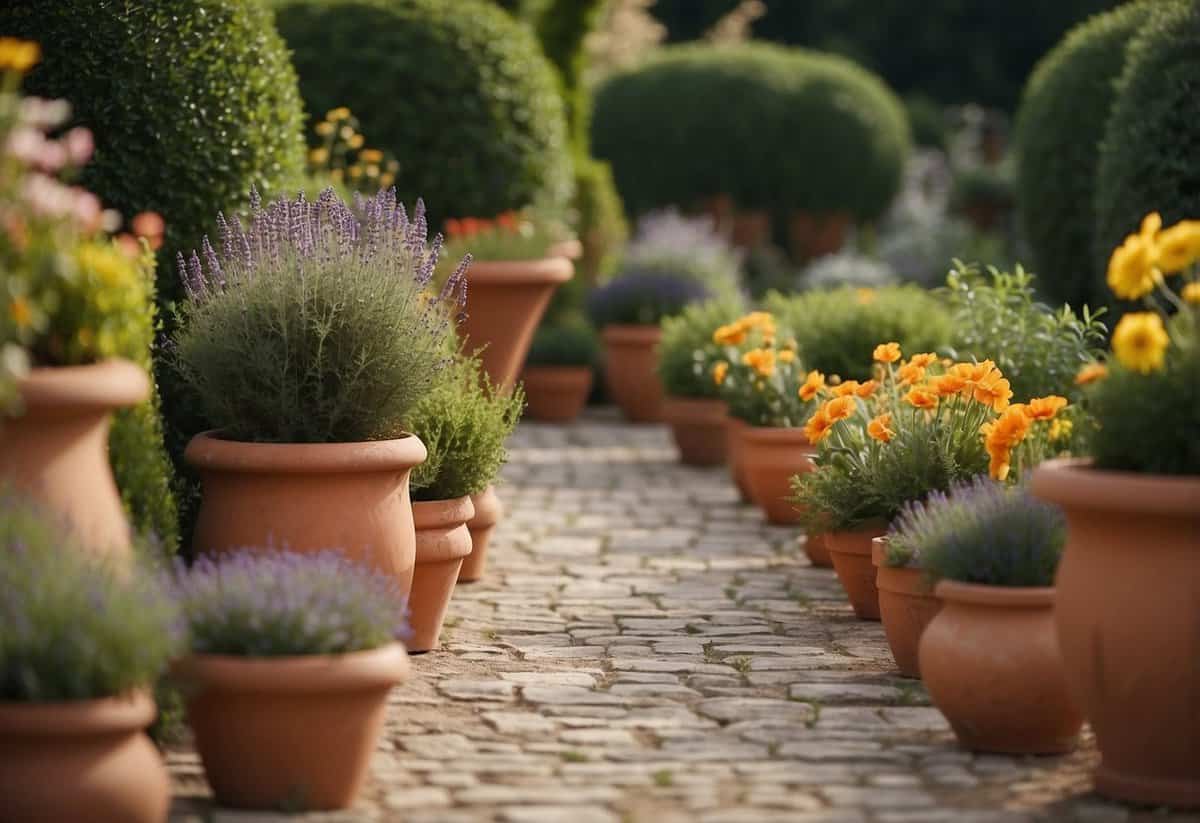 Terracotta pots arranged in a French garden, filled with vibrant flowers and herbs, surrounded by neatly trimmed hedges and a quaint stone pathway