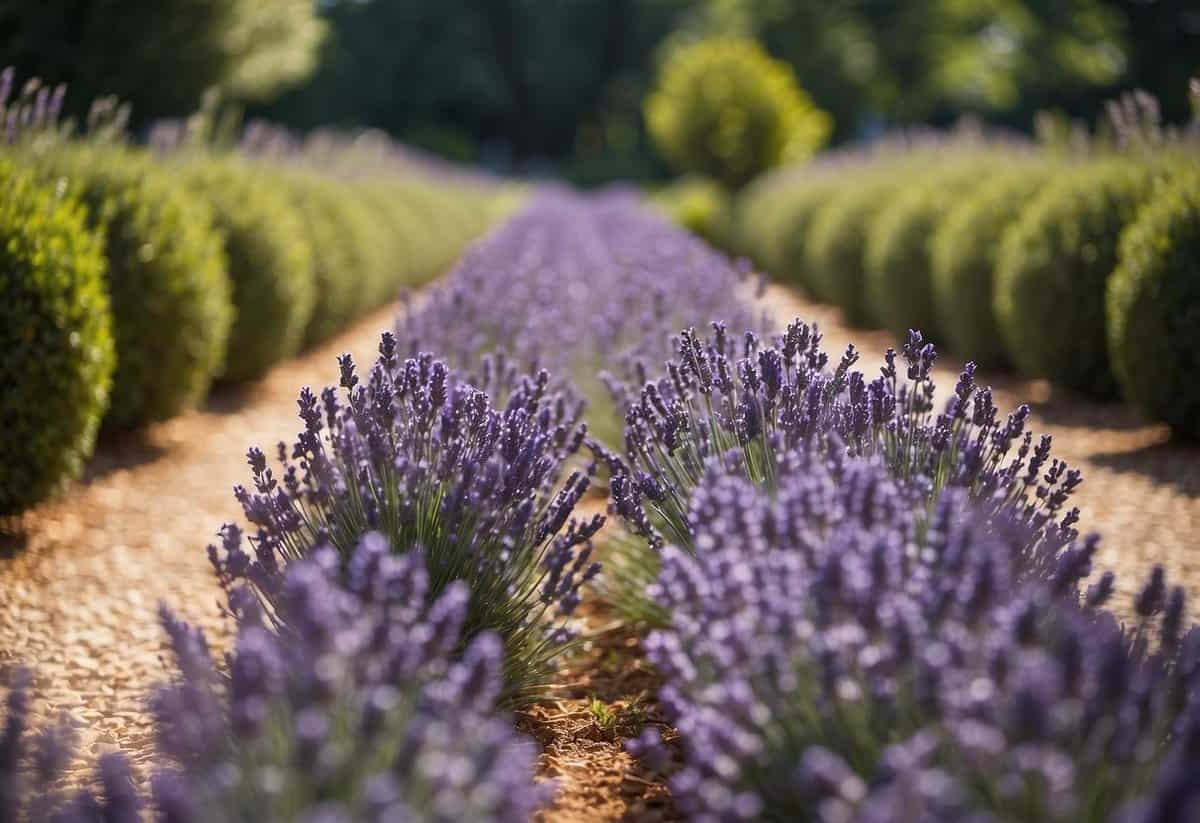 Lavender lines stone pathways in a French garden, thriving in containers. Sunlight bathes the fragrant blooms, creating a serene and inviting atmosphere