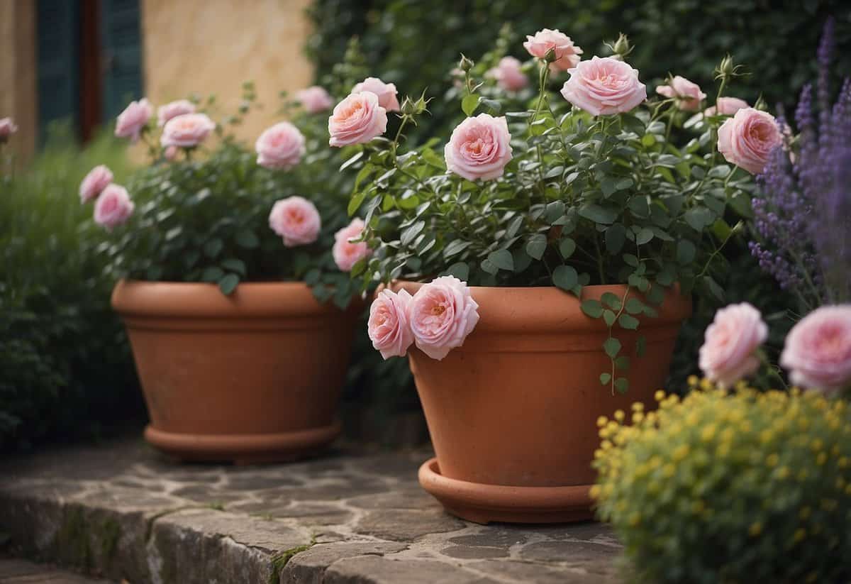 A terracotta pot overflows with vibrant climbing roses, nestled among lavender and ivy in a charming French garden