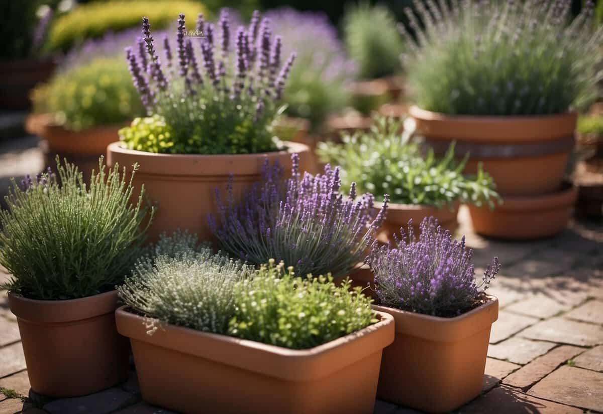 Tiered containers overflow with vibrant herbs in a charming French garden. Lavender, thyme, and rosemary spill over the edges, creating a lush and aromatic display