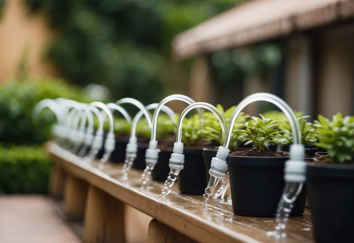 A drip irrigation system is set up among potted plants in a charming French garden, with water gently trickling from the hoses to nourish the lush greenery