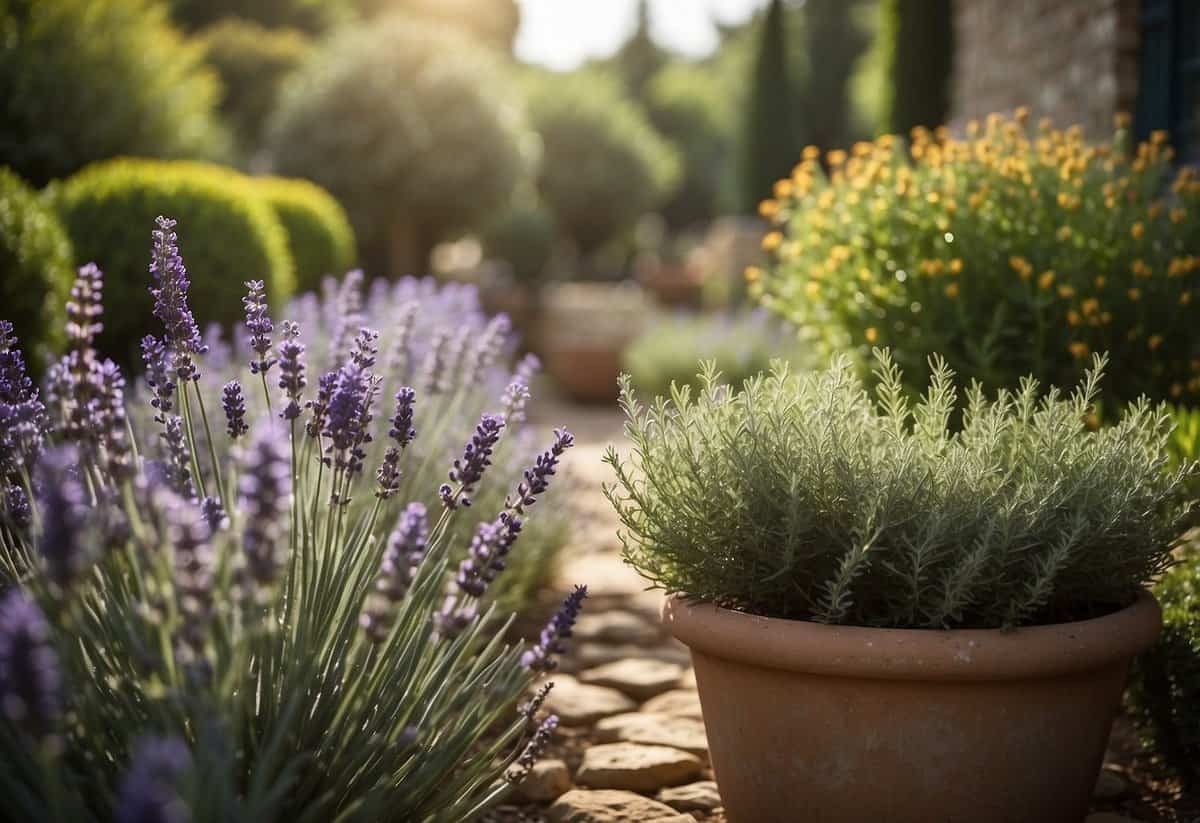 Lush green plants fill rustic French garden containers. Lavender, rosemary, and sage thrive in the warm sun. A quaint stone pathway winds through the vibrant display