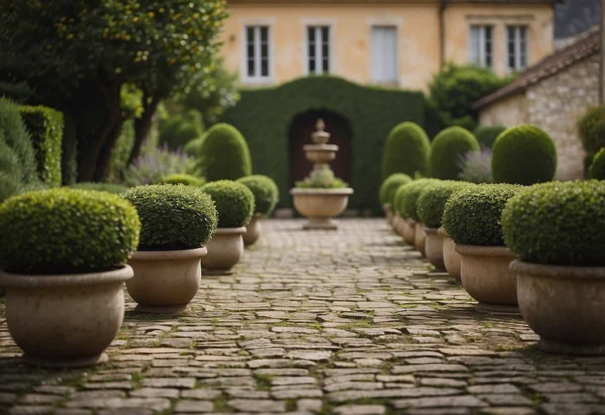 Potted plants arranged in groups in a French garden, varying in height and color, with a backdrop of manicured hedges and a rustic stone pathway