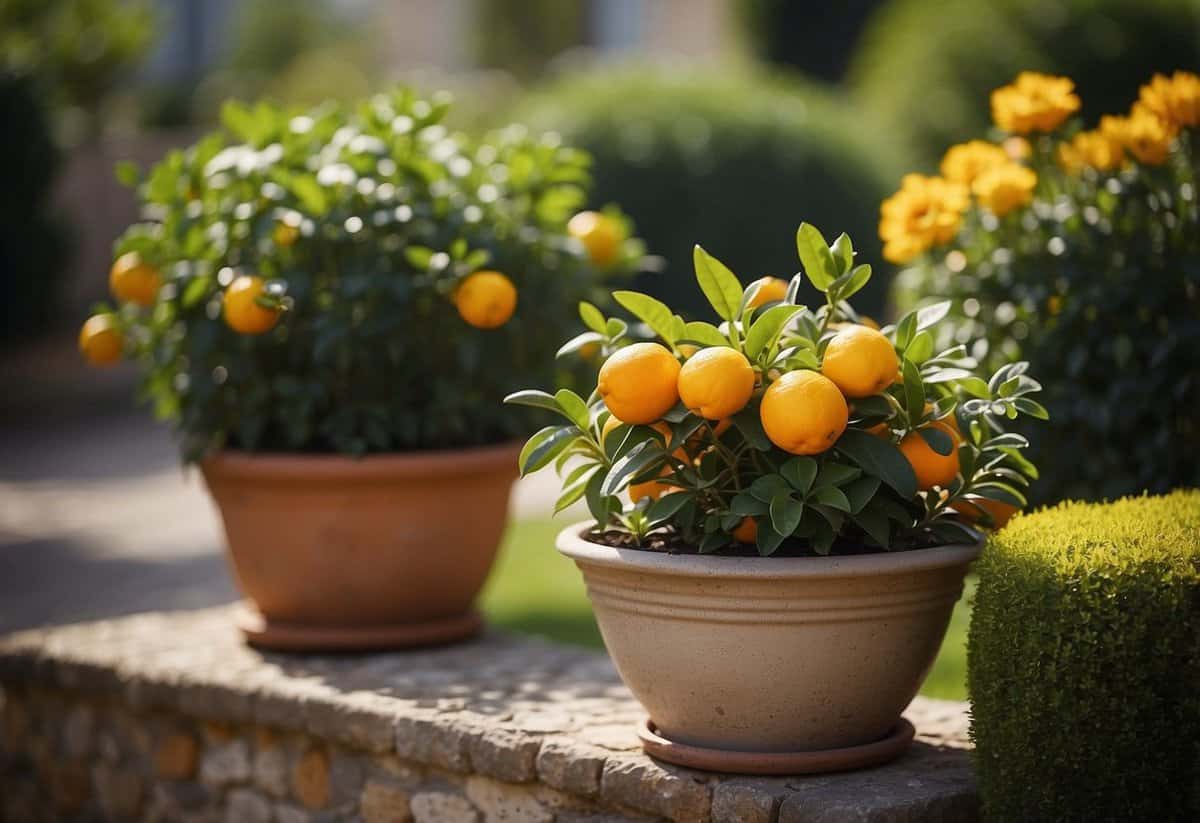 A small citrus tree sits in a decorative container in a charming French garden, surrounded by colorful flowers and neatly trimmed hedges