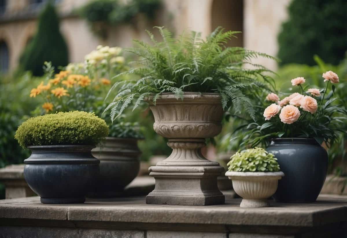 Lush greenery spills over ornate containers in a French garden, with carefully arranged plants and flowers evoking a sense of elegance and refinement