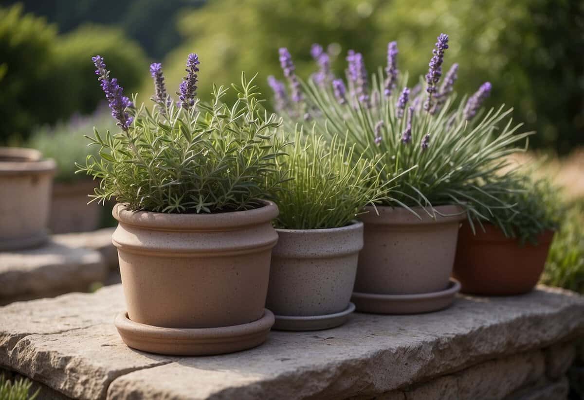 Lush greenery in ornate containers arranged on a stone terrace, with lavender, rosemary, and other herbs spilling over the edges