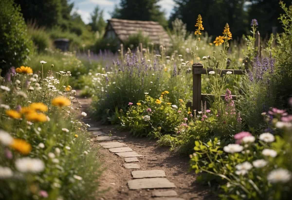 A quaint cottage garden with a small pond, surrounded by wildflowers and herbs. Tips for maintaining a cottage core garden are displayed on a rustic signpost