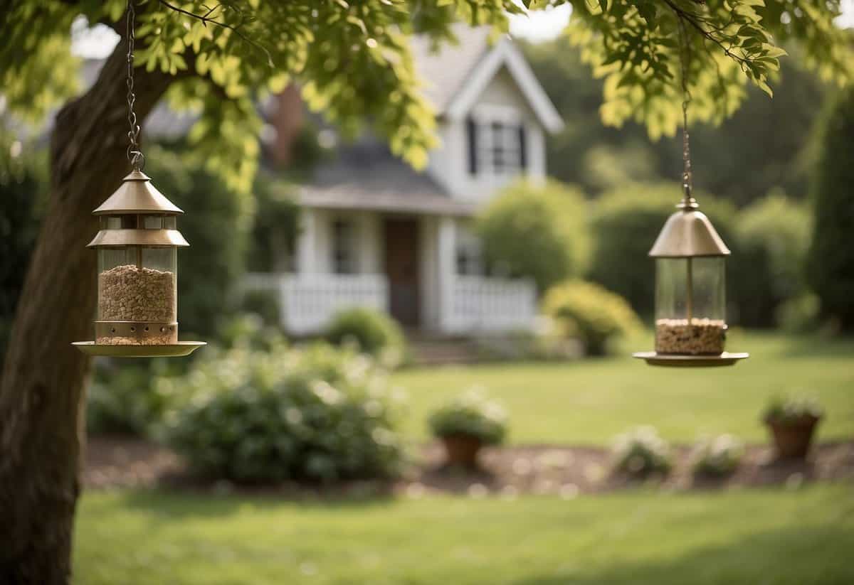 Bird feeders hang from tree branches in a lush garden. A quaint cottage sits in the background. The scene exudes a peaceful and natural atmosphere