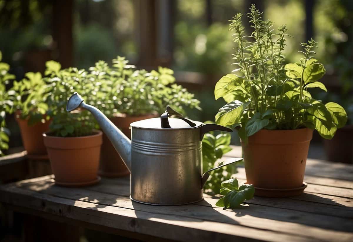 Lush cottage garden with pots of basil, mint, and thyme. Sunlight filters through the trees, casting dappled shadows. A rustic watering can sits nearby