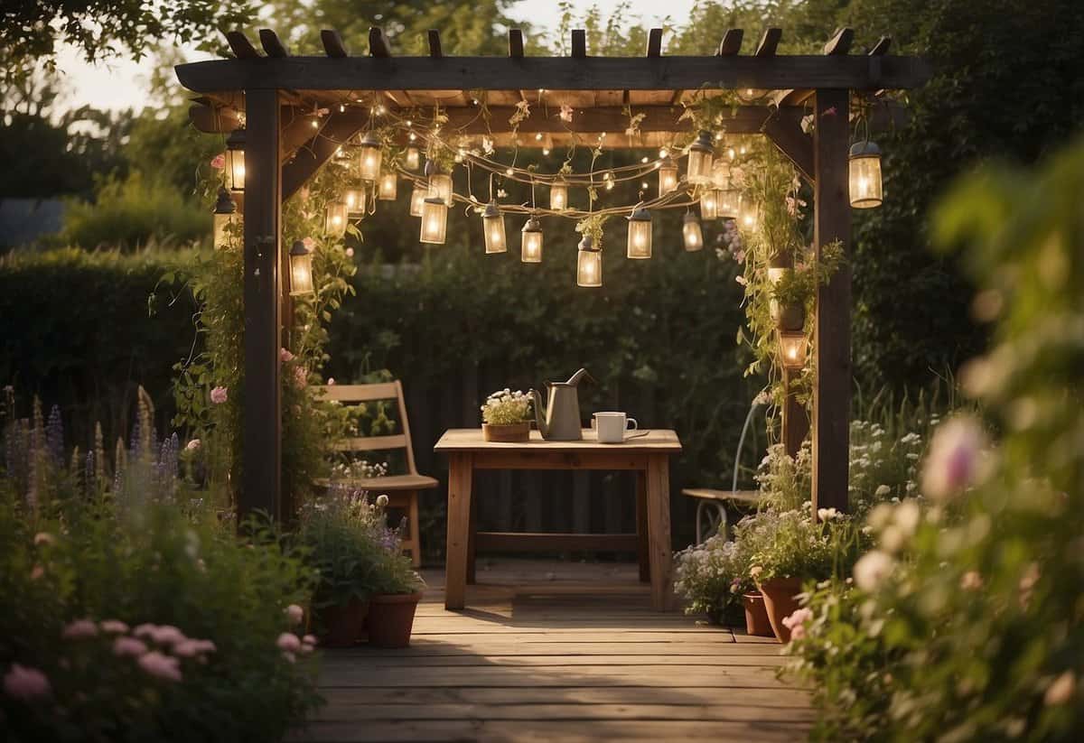 Fairy lights hang from a wooden pergola, illuminating a lush cottage garden. A small watering can sits among wildflowers, with a rustic sign offering tips for maintaining the enchanting space