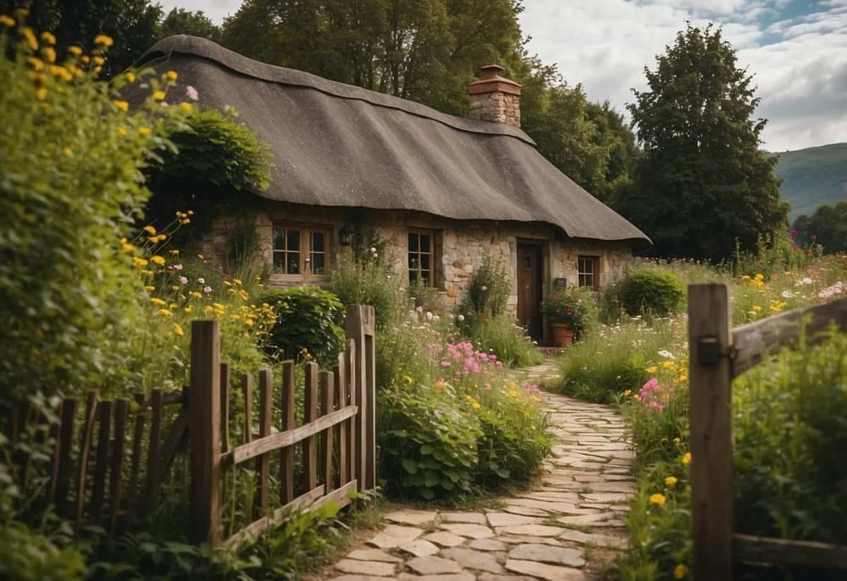 A quaint cottage surrounded by a lush garden with wildflowers, herbs, and vegetables. A rustic wooden fence encloses the garden, and a charming stone pathway leads to the cottage door