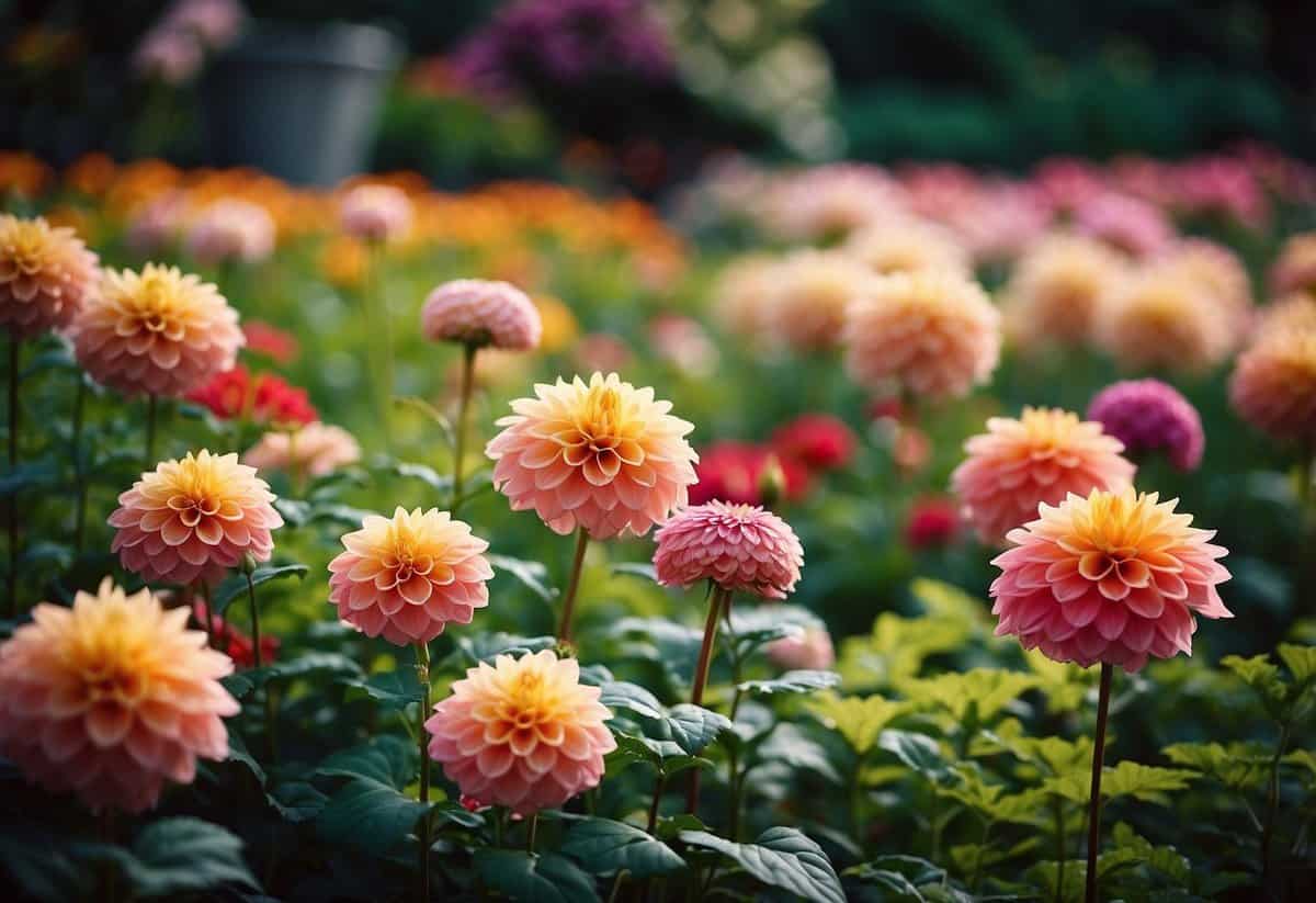 Lush dahlia garden with mulch beds to retain moisture. Blooming flowers in various colors and sizes, surrounded by green foliage