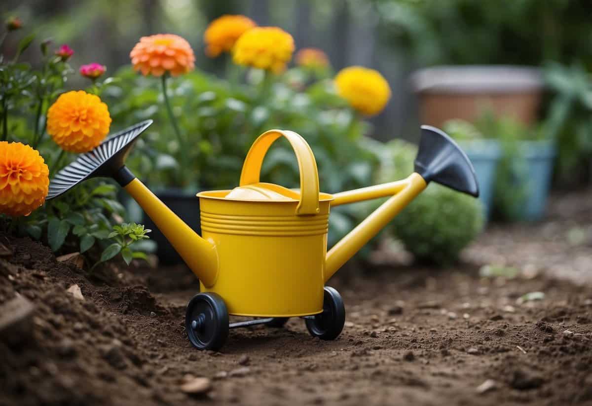 A small rake, shovel, and watering can sit next to a tiny wheelbarrow in a vibrant garden. The tools are scaled down for little hands, with bright colors and easy-to-grip handles