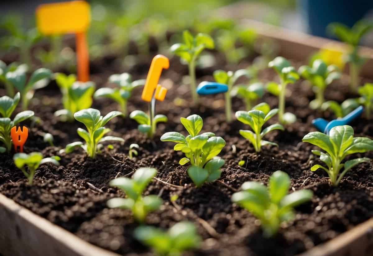 Lively garden with small rows of spaghetti seedlings, colorful signs, and child-sized tools