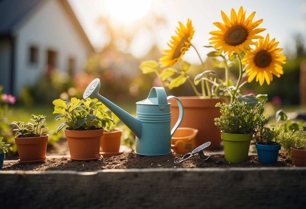 A colorful garden with small, raised beds, a variety of plants, and child-sized tools scattered around. A child's drawing of a sun in the sky and a small watering can nearby