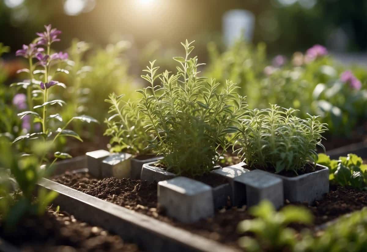 Herb garden plants rotate in outdoor garden. Tips displayed