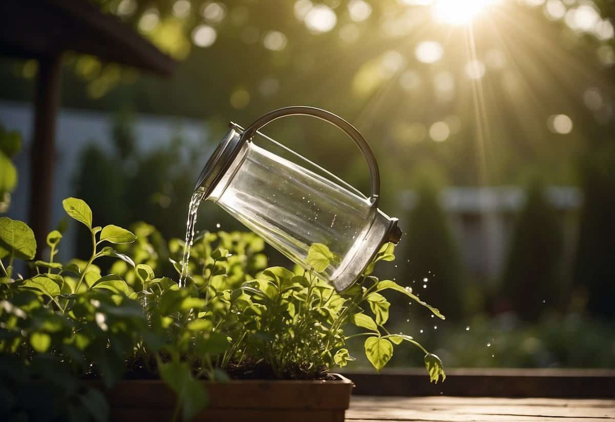 Sunlight filters through green leaves as a watering can pours water onto herbs in an outdoor garden