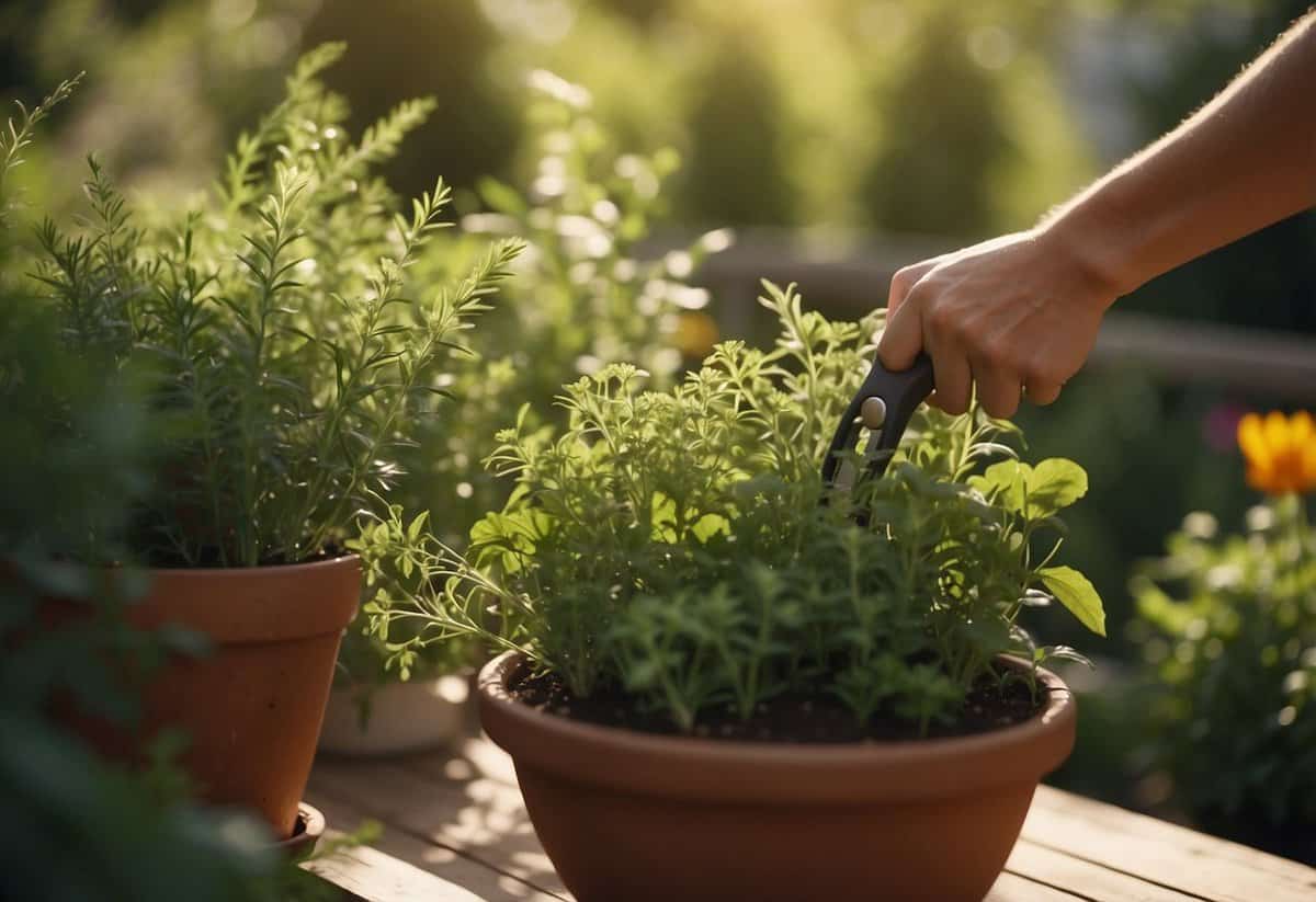 Herbs are being trimmed in an outdoor garden, with the sun shining and the plants swaying gently in the breeze