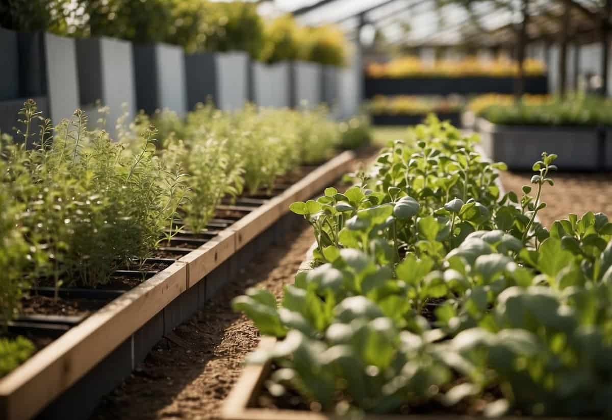 A garden with rows of herbs planted in different sections, labeled with seasonal planting calendar tips for outdoor gardening