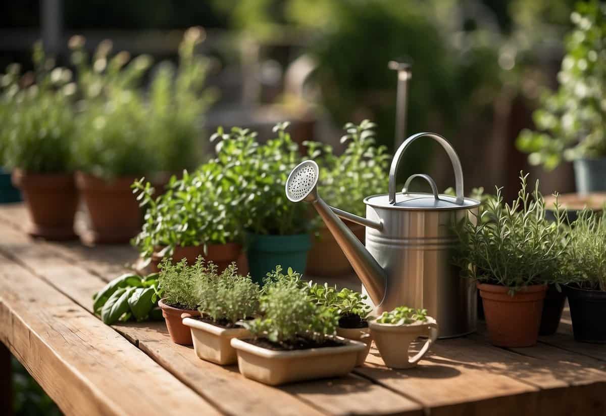 A sunny outdoor herb garden with pots of basil, rosemary, and thyme arranged on a wooden table. A watering can and gardening tools are nearby