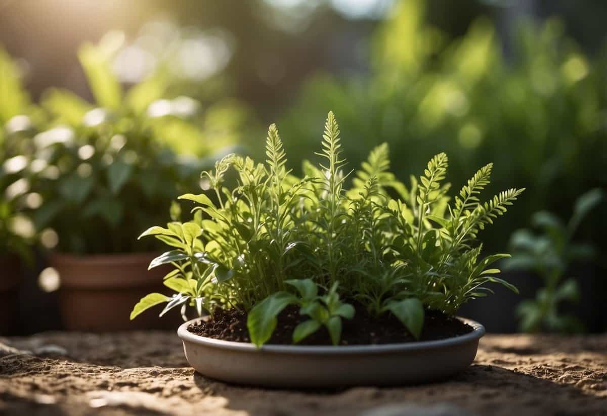 Lush green herbs thrive in a well-tended outdoor garden, soaking up the warm sunlight and fresh air. The soil is rich and moist, providing the perfect environment for healthy growth