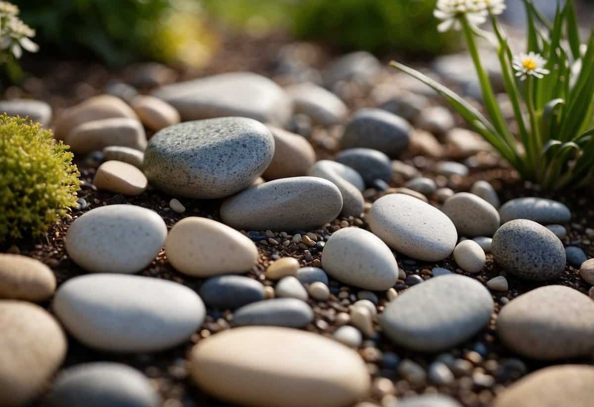 A variety of rocks are carefully arranged in a garden, with smaller stones layered around the larger ones. Tips for maintaining a rock garden are written next to the display