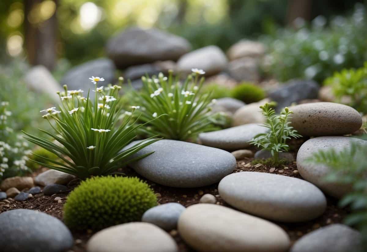 A serene rock garden with carefully placed stones and small decorative elements, surrounded by lush greenery. A sign nearby offers tips for maintaining the garden