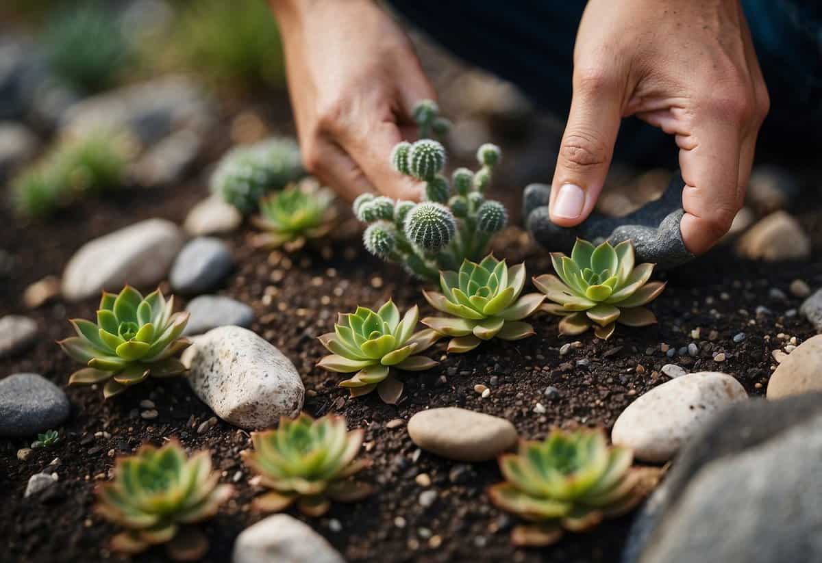 A pair of gloved hands carefully pulling weeds from a serene rock garden, surrounded by small succulents and carefully placed rocks