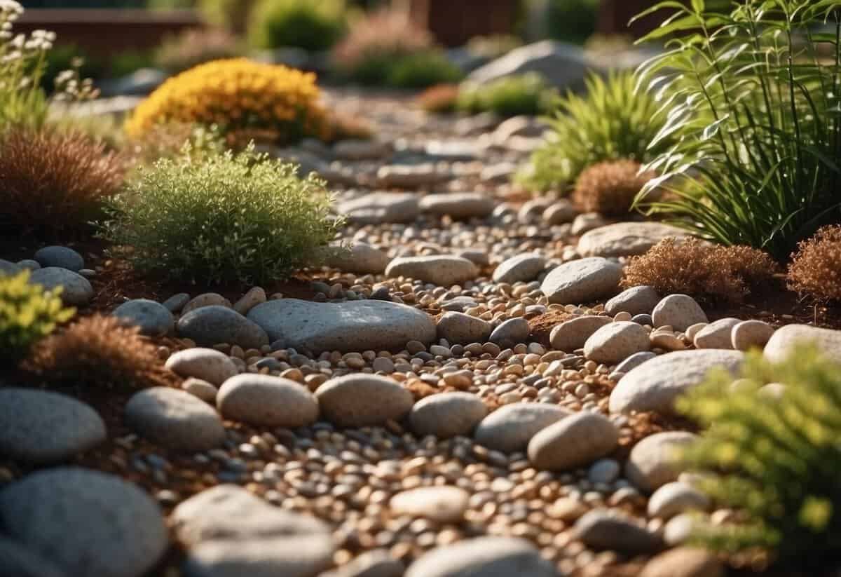 A rock garden with well-draining soil, mulch, and gravel paths. Properly placed drainage channels and rocks for water runoff