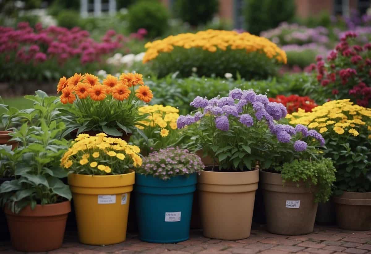 Colorful perennials bloom in a well-tended garden, surrounded by money-saving tools like compost bins and rain barrels