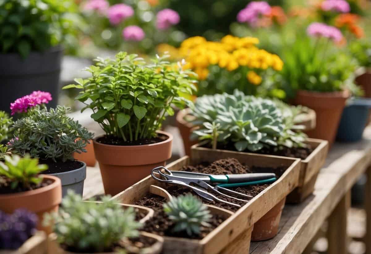 A colorful garden with discounted plants and gardening tools. Money-saving signs and tips on display. Customers browsing for end-of-season deals