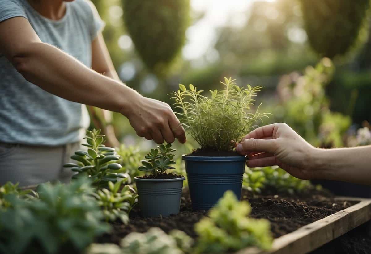 Plants being exchanged between friends in a garden. Tips for saving money on gardening