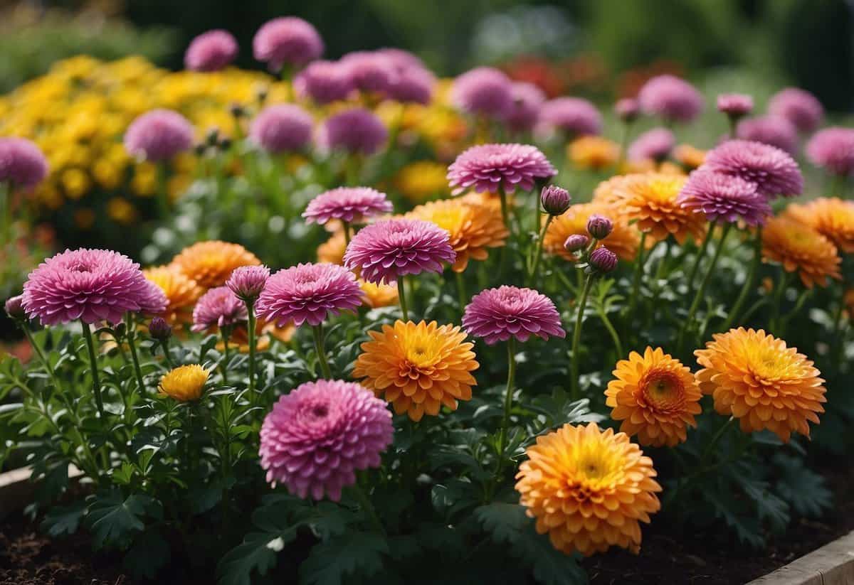 Healthy garden mums thrive in well-drained soil. Brightly colored blooms contrast against lush green foliage