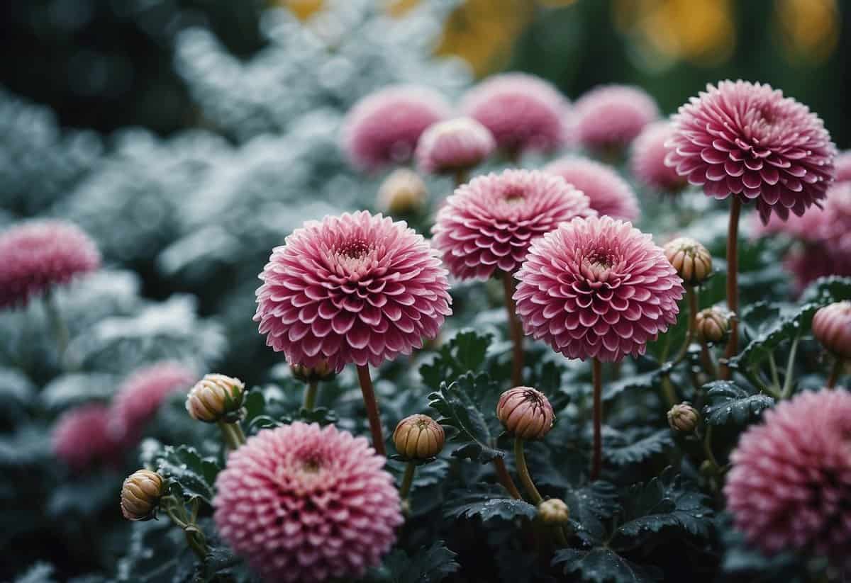 Garden mums covered with protective fabric against frost