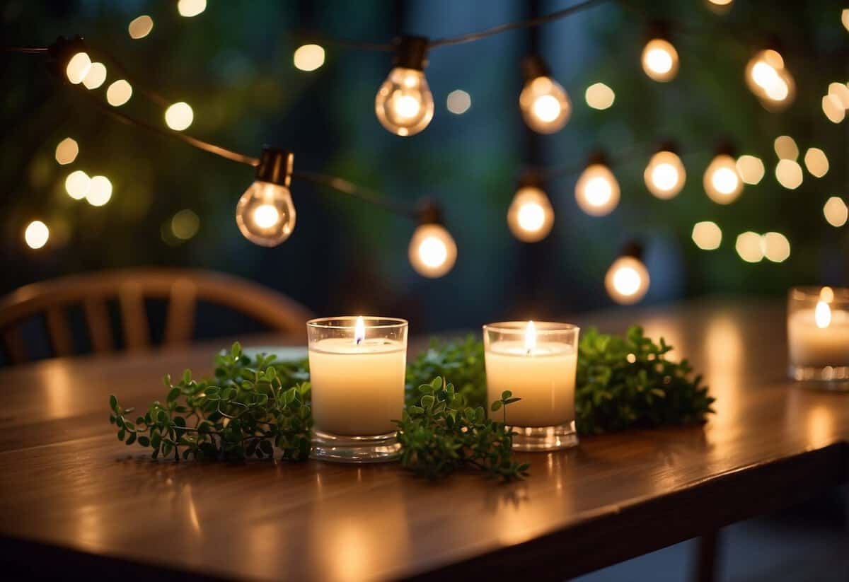 String lights drape over lush greenery, casting a warm glow on a table set with drinks and snacks. A cozy, inviting atmosphere perfect for an indoor garden party