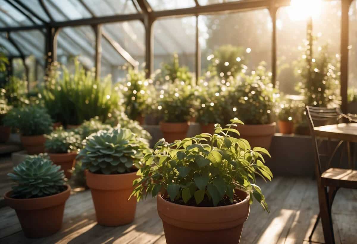 Lush potted plants line the perimeter of a sunlit greenhouse, with a table set for a garden party in the center. Twinkling string lights hang from the ceiling, casting a warm glow over the inviting space