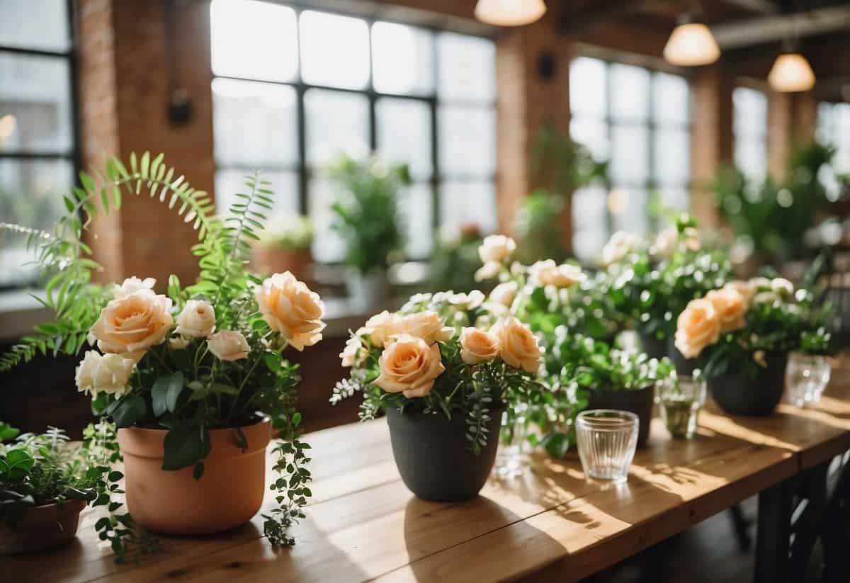 Lush floral centerpieces arranged on tables in a bright, airy indoor space, surrounded by potted plants and twinkling string lights