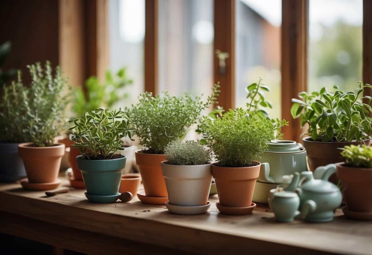 A table with small potted herbs, colorful pots, and gardening tools arranged for a party favor station. Bright, natural light filters through the window, creating a warm and inviting atmosphere